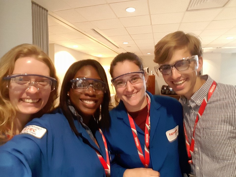 These are Chemistry graduate students who were all in the Peer Safety Group; they were visiting the Exxon labs in Houston in this photo.  (l to r):  Emily Reeves, Chanez Symister, Tabbetha Bohac, Brian Wieliczka